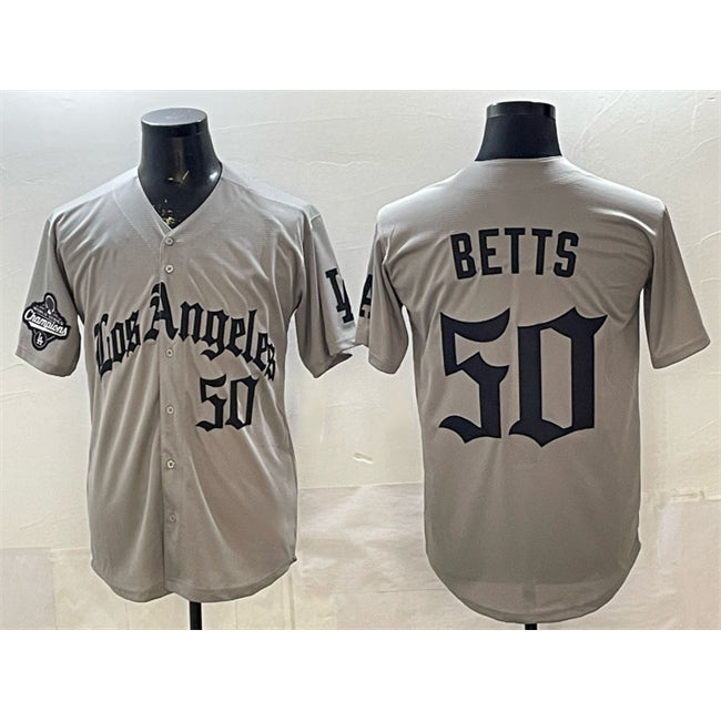 vanessashop Los Angeles Dodgers #50 Mookie Betts Grey  LA Gothic Style With 2025 World Series Champions Patch Limited Stitched Jersey