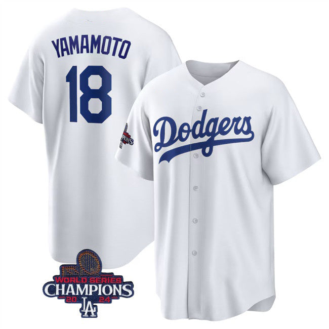 vanessashop Los Angeles Dodgers #18 Yoshinobu Yamamoto White  2024 World Series Champions Cool Base Stitched Jersey