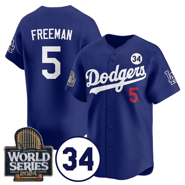vanessashop Los Angeles Dodgers #5 Freddie Freeman Royal  2024 World Series With No. 34 Patch Cool Base Stitched Jersey