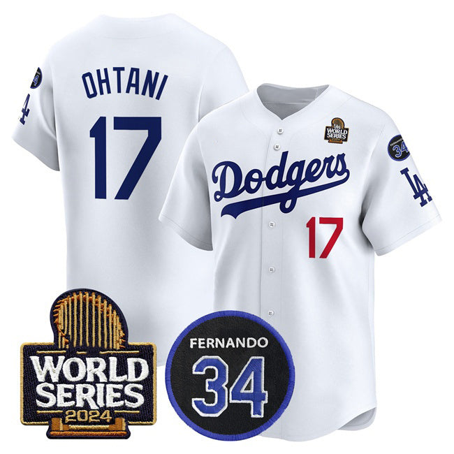 vanessashop Los Angeles Dodgers #17 Shohei Ohtani White  2024 World Series With Fernando Memorial Patch Limited Stitched Jersey 2