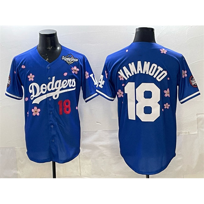 vanessashop Los Angeles Dodgers #18 Yoshinobu Yamamoto Royal  2025 World Series Patch Tokyo Series Limited Stitched Jersey