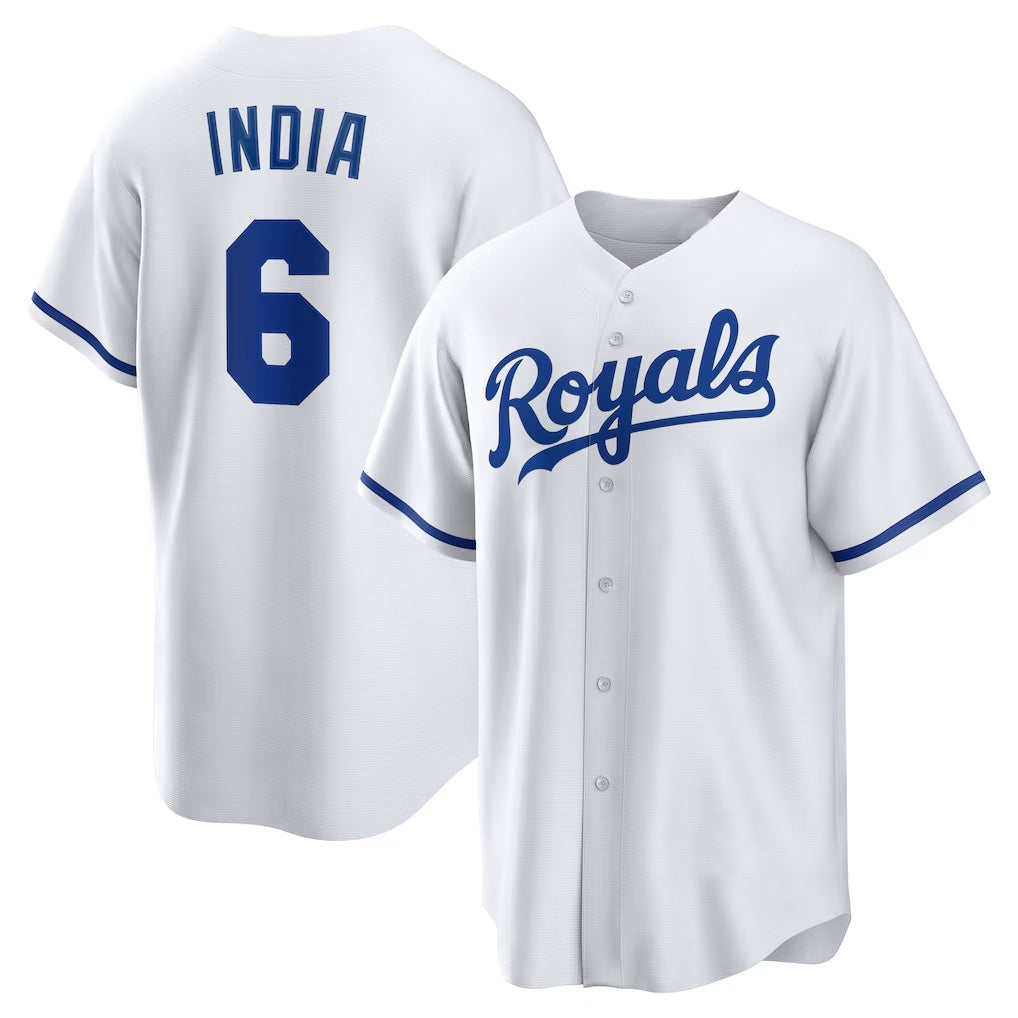 vanessashop Kansas City Royals #6 Jonathan India White  Home Replica Player Jersey
