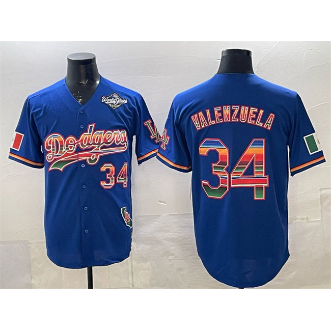 vanessashop Los Angeles Dodgers #34 Fernando Valenzuela Royal  Mexico California Patch 2025 World Series Patch Stitched Jersey