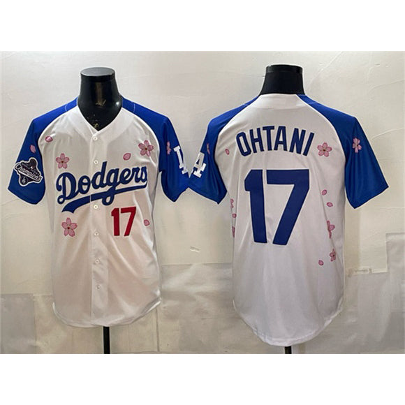 vanessashop Los Angeles Dodgers #17 Shohei Ohtani White Royal  2025 World Series Champions Patch Tokyo Series Limited Stitched Jersey
