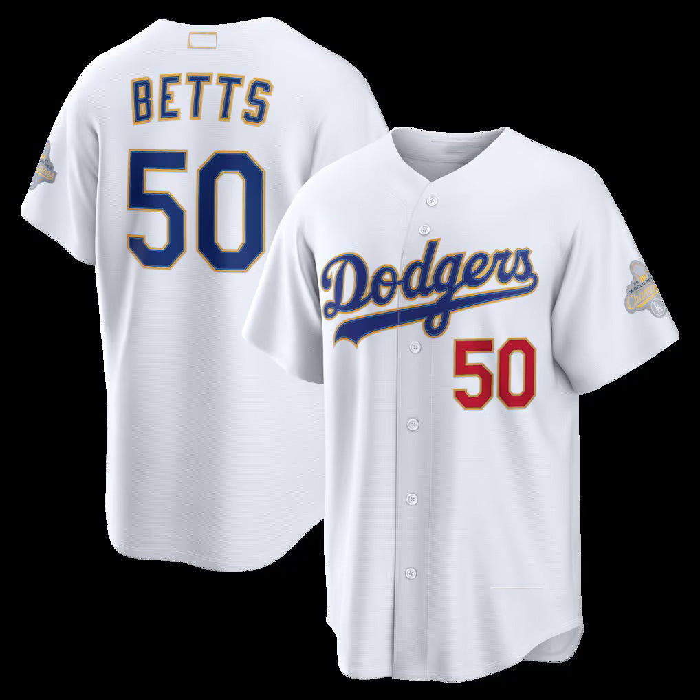 vanessashop Los Angeles Dodgers #50 Mookie Betts White  2026 Gold Collection Stadium Jersey