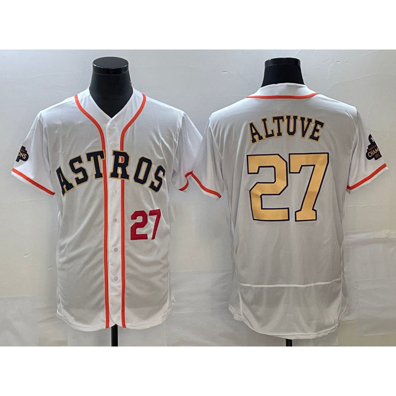 vanessashop Houston Astros #27 Jose Altuve Number 2023 White  Gold World Serise Champions Patch Flex Base Stitched Jersey
