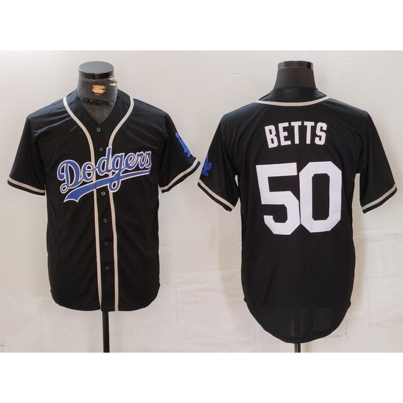 vanessashop Los Angeles Dodgers #50 Mookie Betts Black White  Cool Base Stitched Jersey