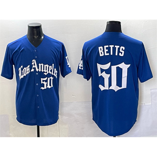 vanessashop Los Angeles Dodgers #50 Mookie Betts Blue  2025 LA Gothic Style With Fernando Patch Vapor Premier Limited Stitched Jersey