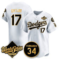 vanessashop Los Angeles Dodgers #17 Shohei Ohtani White Gold  2025 World Series With No.34 Patch Limited Stitched Jersey
