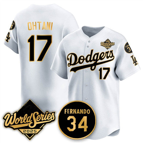 vanessashop Los Angeles Dodgers #17 Shohei Ohtani White Gold  2025 World Series With No.34 Patch Limited Stitched Jersey