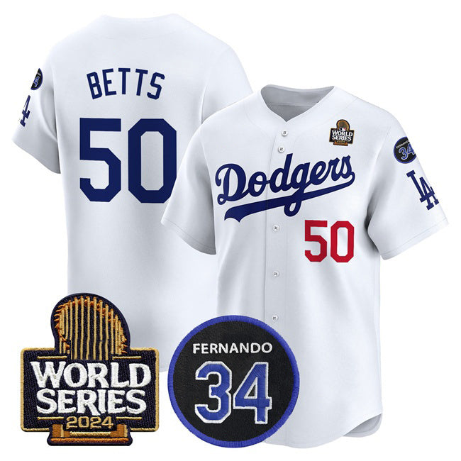 vanessashop Los Angeles Dodgers #50 Mookie Betts White  2024 World Series With Fernando Memorial Patch Limited Stitched Jersey