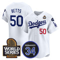 vanessashop Los Angeles Dodgers #50 Mookie Betts White  2024 World Series With Fernando Memorial Patch Limited Stitched Jersey