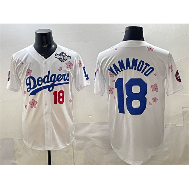vanessashop Los Angeles Dodgers #18 Yoshinobu Yamamoto White  2025 World Series Patch Tokyo Series Limited Stitched Jersey