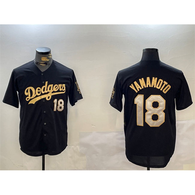 vanessashop Los Angeles Dodgers #18 Yoshinobu Yamamoto Black Gold  Limited Stitched Jersey