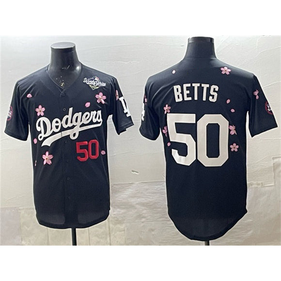 vanessashop Los Angeles Dodgers #50 Mookie Betts Black  2025 World Series Patch Tokyo Series Limited Stitched Jersey