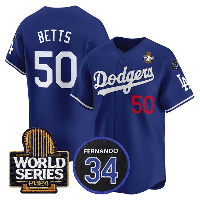 vanessashop Los Angeles Dodgers #50 Mookie Betts Royal  2024 World Series With Fernando Memorial Patch Limited Stitched Jersey