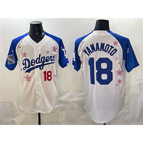 vanessashop Los Angeles Dodgers #18 Yoshinobu Yamamoto White Royal  2025 World Series Champions Patch Tokyo Series Limited Stitched Jersey