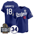vanessashop Los Angeles Dodgers #18 Yoshinobu Yamamoto Royal  2024 World Series With No. 34 Patch Cool Base Stitched Jersey