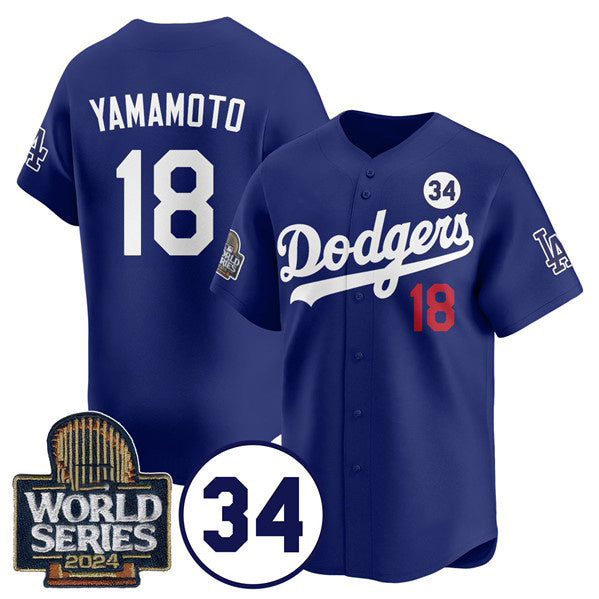 vanessashop Los Angeles Dodgers #18 Yoshinobu Yamamoto Royal  2024 World Series With No. 34 Patch Cool Base Stitched Jersey