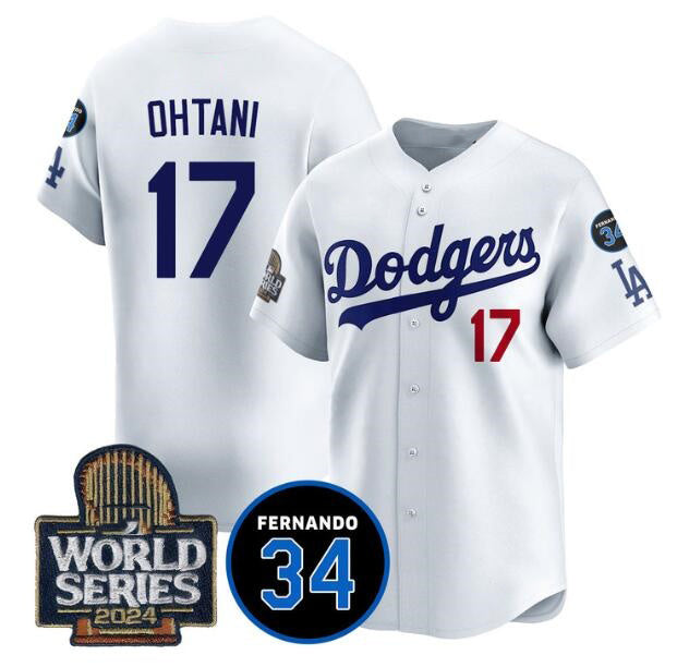vanessashop Los Angeles Dodgers #17 Shohei Ohtani White  2024 World Series With Fernando Memorial Patch Limited Stitched Jersey