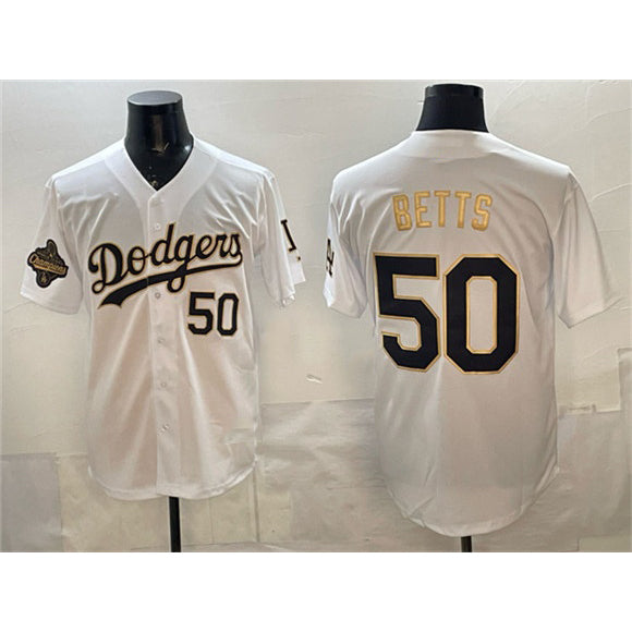 vanessashop Los Angeles Dodgers #50 Mookie Betts White Gold  2025 World Series Champions Patch Limited Stitched Jersey