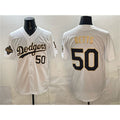 vanessashop Los Angeles Dodgers #50 Mookie Betts White Gold  2025 World Series Champions Patch Limited Stitched Jersey
