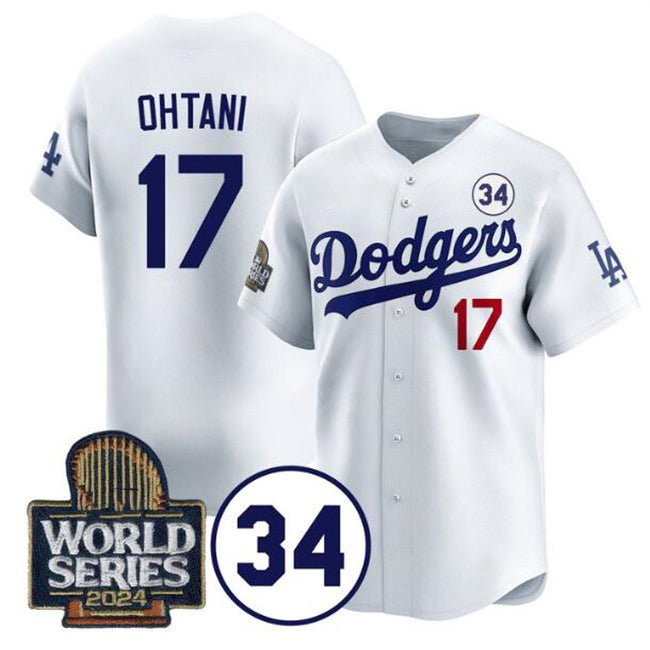 vanessashop Los Angeles Dodgers #17 Shohei Ohtani White  2024 World Series With No. 34 Patch Limited Stitched Jersey