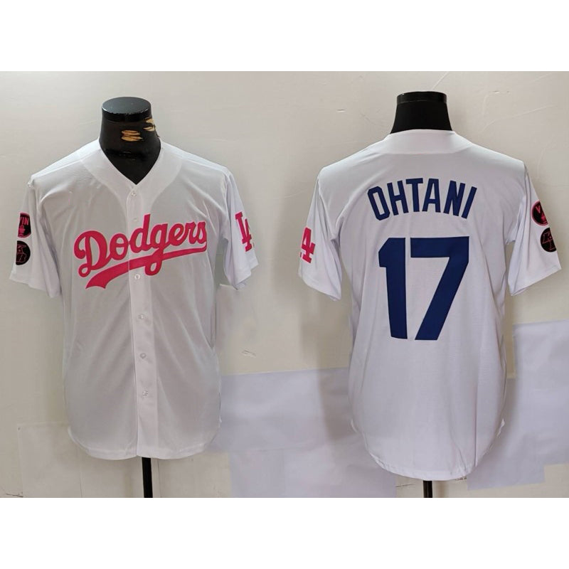 vanessashop Los Angeles Dodgers #17 Shohei Ohtani White Pink  Vin & Kobe Patch Stitched Jersey 2