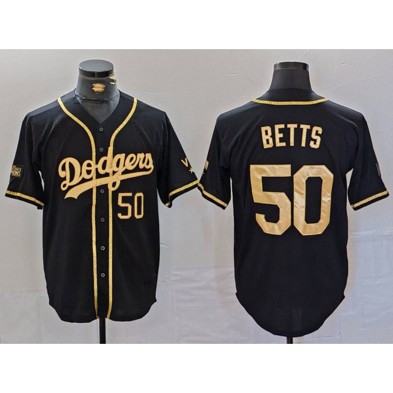 vanessashop Los Angeles Dodgers #50 Mookie Betts Number Black Gold  World Series Champions Cool Base Stitched Jersey
