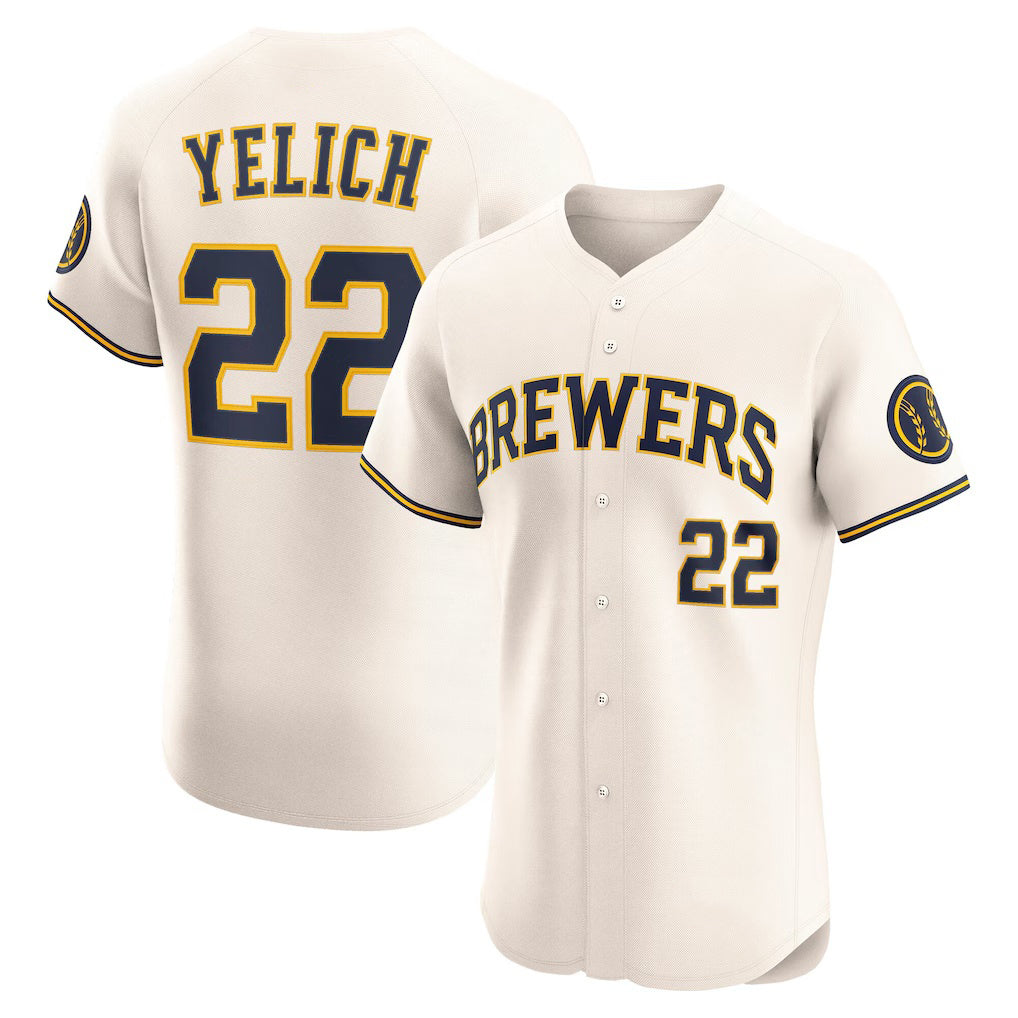 vanessashop Milwaukee Brewers #22 Christian Yelich Cream  Home Elite Player Jersey