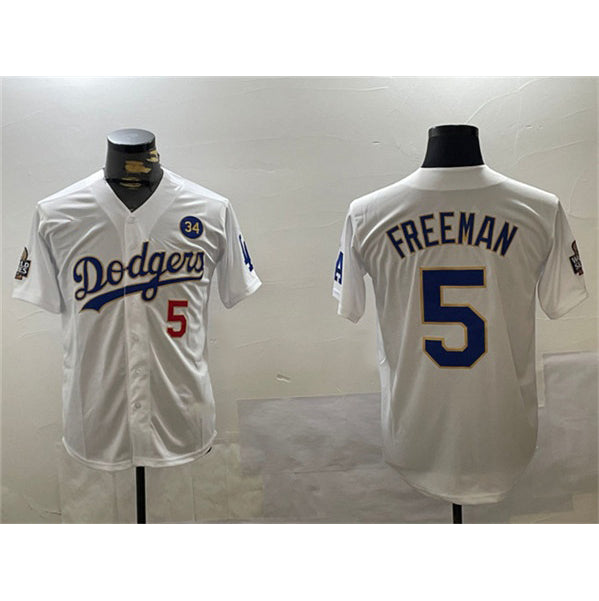 vanessashop Los Angeles Dodgers #5 Freddie Freeman White Gold  2024 World Series With No. 34 Patch Home Limited Stitched Jersey