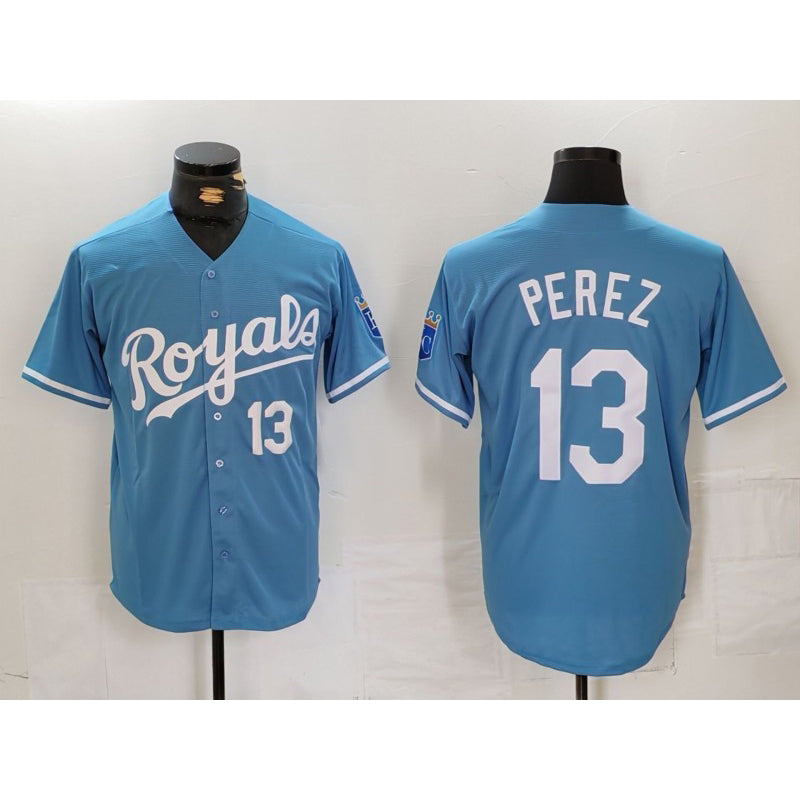 vanessashop Kansas City Royals #13 Salvador Perez Number Light Blue  Cool Base Stitched Jersey