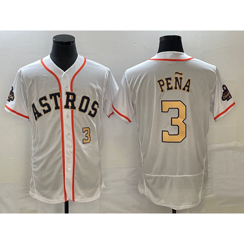 vanessashop Houston Astros #3 Jeremy Pena Number 2023 White Gold  World Serise Champions Patch Flex Base Stitched Jersey 2