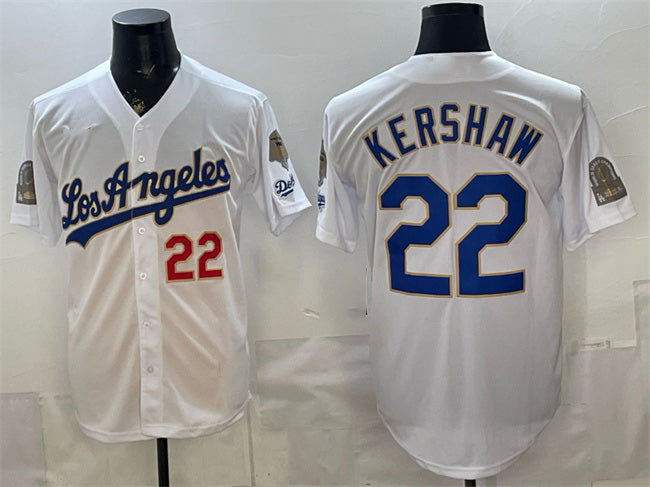 vanessashop Los Angeles Dodgers #22 Clayton Kershaw White  2026 Gold Collection 9x & B2B Champs Patch Stitched Jersey