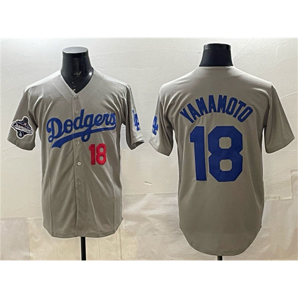 vanessashop Los Angeles Dodgers #18 Yoshinobu Yamamoto Gray  2025 World Series Champions Patch Stitched Jersey