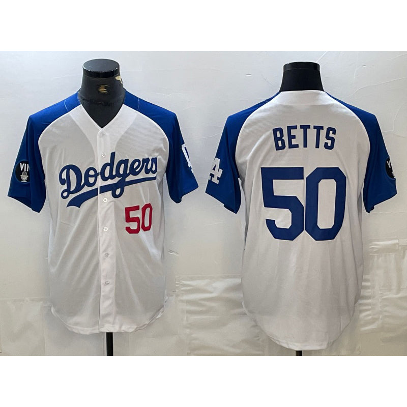 vanessashop Los Angeles Dodgers #50 Mookie Betts Number White Blue  Fashion Stitched Cool Base Limited Jerseys
