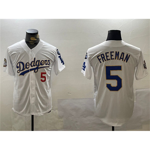 vanessashop Los Angeles Dodgers #5 Freddie Freeman White Gold  2024 World Series With Fernando Memorial Patch Home Limited Stitched Jersey