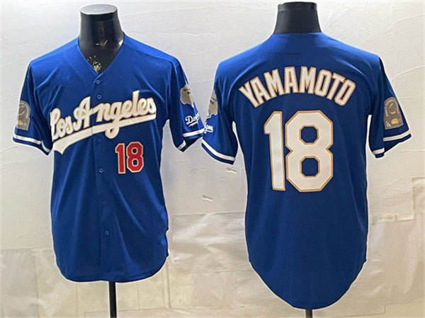 vanessashop Los Angeles Dodgers #18 Yoshinobu Yamamoto Royal  2026 Gold Collection 9x & B2B Champs Patch Stitched Jersey