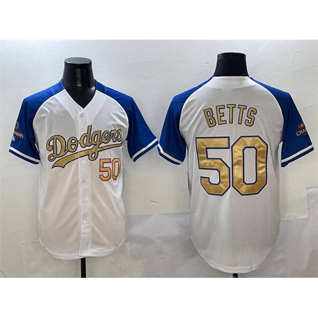 vanessashop Los Angeles Dodgers #50 Mookie Betts White Royal Gold  2024 World Series Champions Vapor Limited Stitched Jersey