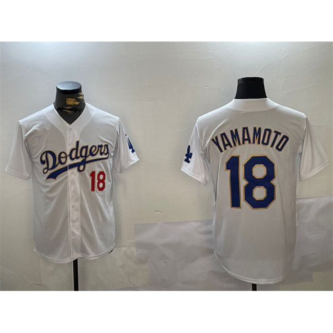 vanessashop Los Angeles Dodgers #18 Yoshinobu Yamamoto White Gold  Home Limited Stitched Jerseys