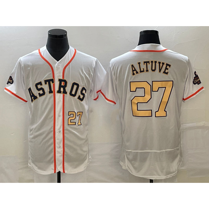 vanessashop Houston Astros #27 Jose Altuve Number 2023 White  Gold World Serise Champions Patch Flex Base Stitched Jersey 3