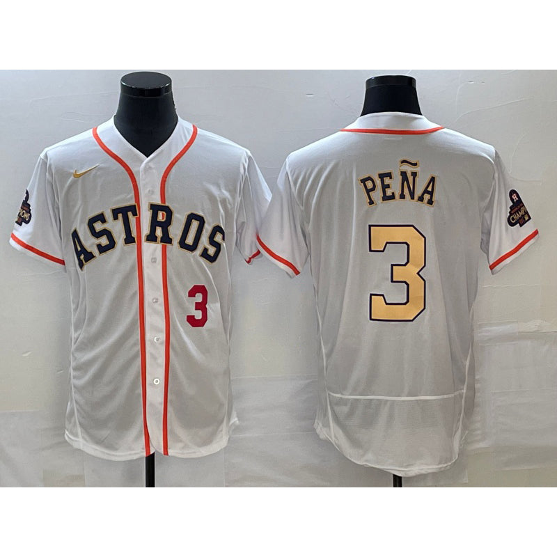 vanessashop Houston Astros #3 Jeremy Pena Number 2023 White Gold  World Serise Champions Patch Flex Base Stitched Jersey