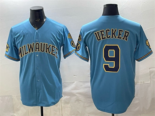 vanessashop Milwaukee Brewers #9 Bob Uecker Blue  With Home & Bob Uecker Patch Stitched Jersey