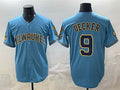 vanessashop Milwaukee Brewers #9 Bob Uecker Blue  With Home & Bob Uecker Patch Stitched Jersey