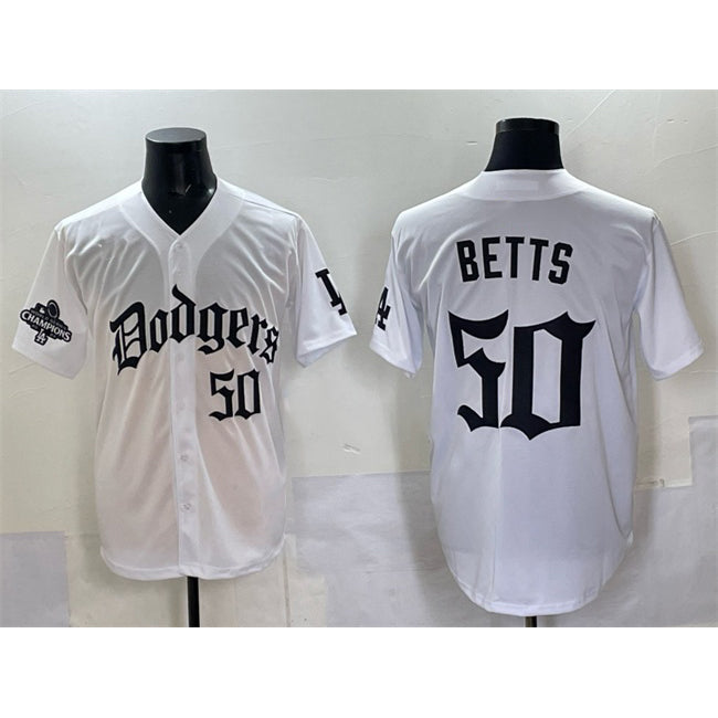 vanessashop Los Angeles Dodgers #50 Mookie Betts White  2025 LA Gothic Style With 2024 World Series Champions Patch Vapor Premier Limited Stitched Jersey