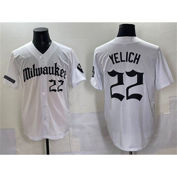 vanessashop Milwaukee Brewers #22 Christian Yelich White  'Gothic 414 Shadows Edition' Vapor Premier Limited Stitched Jersey