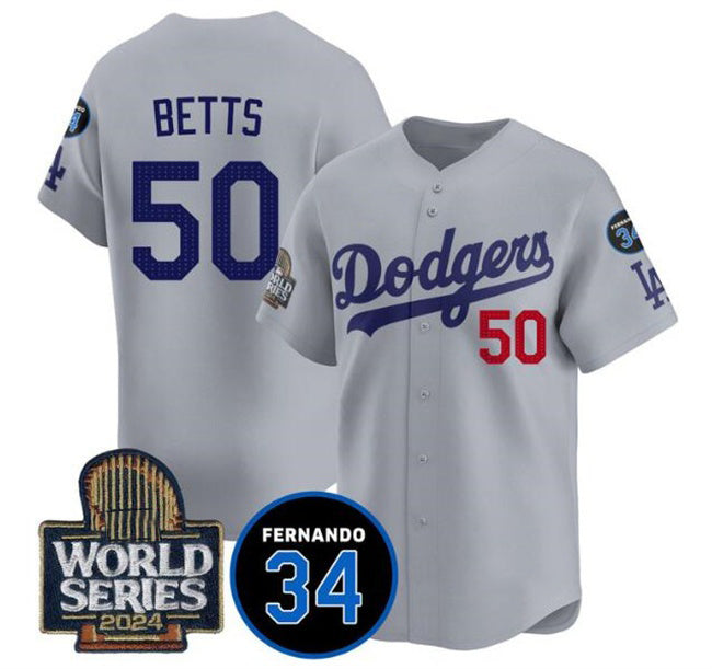 vanessashop Los Angeles Dodgers #50 Mookie Betts Grey  2024 World Series With Fernando Memorial Patch Limited Stitched Jersey