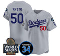 vanessashop Los Angeles Dodgers #50 Mookie Betts Grey  2024 World Series With Fernando Memorial Patch Limited Stitched Jersey