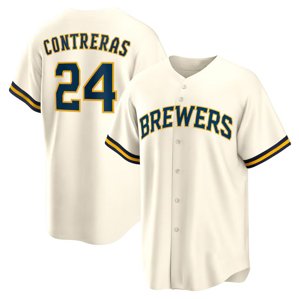 vanessashop Milwaukee Brewers #24 William Contreras Cream  Home Replica Jersey
