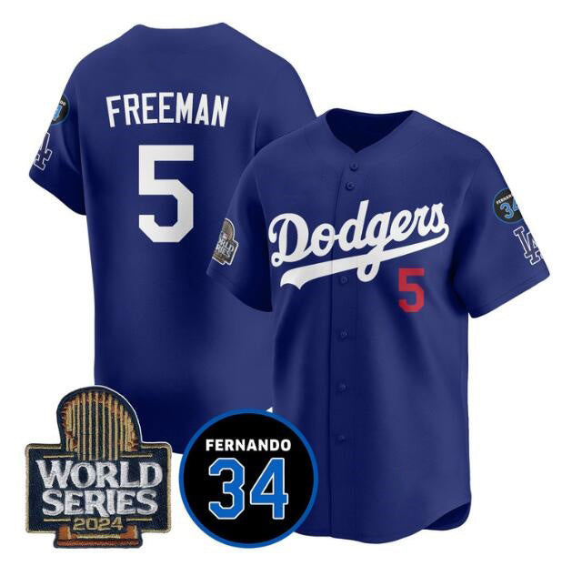 vanessashop Los Angeles Dodgers #5 Freddie Freeman Royal  2024 World Series With Fernando Memorial Patch Limited Stitched Jersey